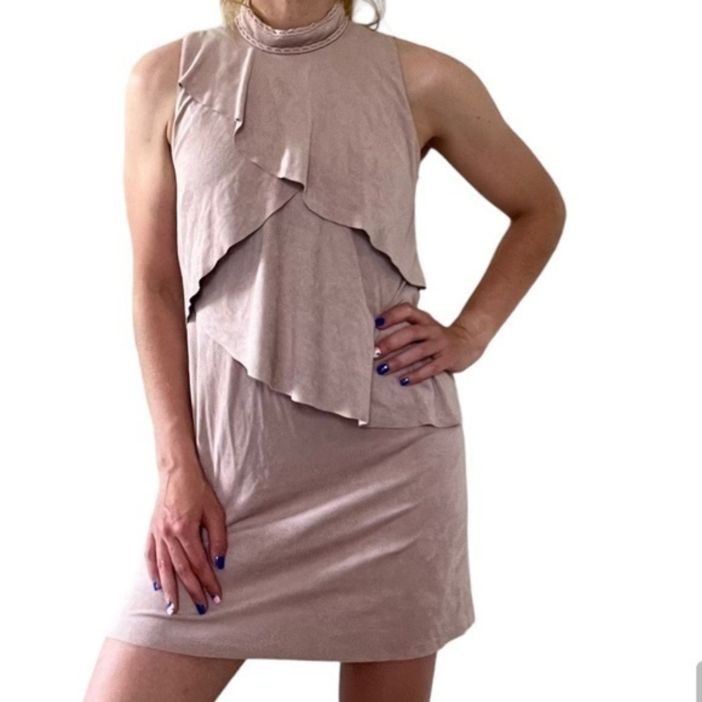 Zara Basic faux suede tiered ruffled layered high neck sleeveless minidress